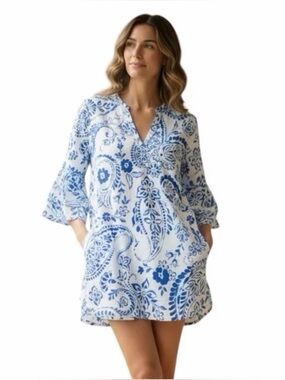 JustFashionNow Blue & White Mini Dress with Tiered Sleeves Size Small
